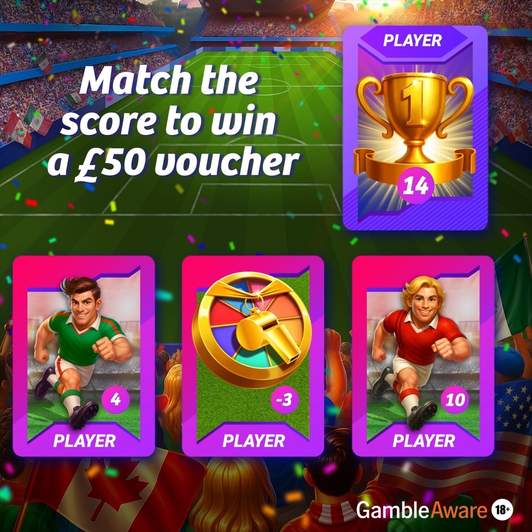 Time to build your dream team, 𝐛𝐮𝐭 𝐦𝐚𝐤𝐞 𝐢𝐭 𝐜𝐨𝐮𝐧𝐭! ⚽ Each set of cards have a combined score. Pick the set with a score that matches the trophy for the chance to 𝐰𝐢𝐧 𝐚 £𝟓𝟎 𝐀𝐦𝐚𝐳𝐨𝐧 𝐯𝐨𝐮𝐜𝐡𝐞𝐫. ___________ Goal Goal Goal Pachin Goal by Playtech. Three randomly selected winners will be announced on 21st July to each win a £50 Amazon voucher. Voucher are not exchangeable.
