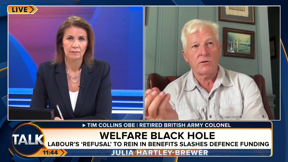 🚨"Wars aren’t won by announcements – we need real money in the system. Our ammunition pile is non-existent." Retired Colonel Tim Collins says Britain is "not ready to fight" and worries that Andy Burnham might rip up the defence plan and continue to boost welfare. Julia Hartley-Brewer