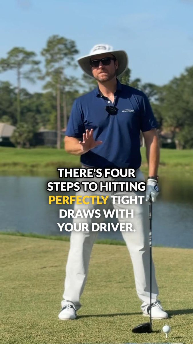Here are my four steps to hitting perfectly tight draws with your driver: (1) let your fingertips go to your right knee, (2) tuck your elbow into your right belt loop, (3) let your right hand go under the grip, then (4) swing under the stick to start hitting nice tight draws.