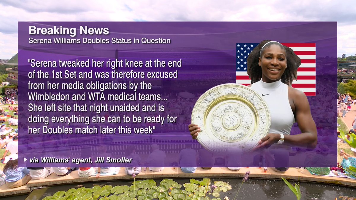 Serena Williams' status to play in women's doubles at Wimbledon is uncertain after she suffered a knee injury during her first singles match in nearly four years. Jeff Darlington shares more:
