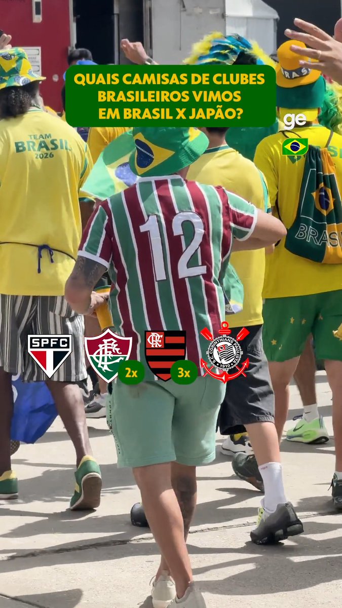 Fomos acompanhar Brasil x Japão e quisemos saber: quais camisas de clubes brasileiros estiveram presentes no duelo da Copa do Mundo? 👀 Obs: decidimos considerar bandeiras também 😁 #GloboNaCopa #ge2026 #torcida #brasil