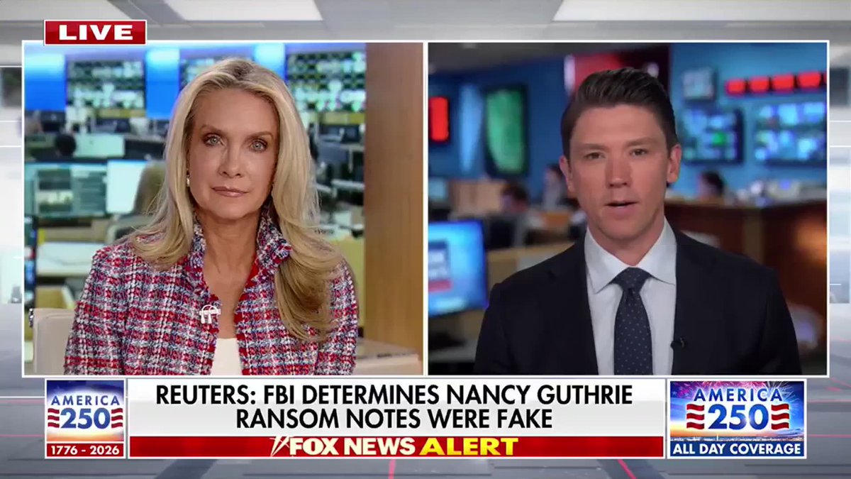 NEW: The FBI has reportedly determined the original ransom notes tied to Nancy Guthrie's disappearance were fake, according to a new Reuters report citing two FBI sources. The report says investigators concluded the initial notes sent to media outlets were not authentic, though the FBI has not publicly commented and Reuters says it's still unclear how investigators reached that conclusion. Federal sources have previously distinguished those notes from later communications in the case. Meanwhile, a California man accused of sending extortion texts and calls to the Guthrie family after Nancy's disappearance is expected to plead guilty in federal court tomorrow. | Matt Finn America's Newsroom