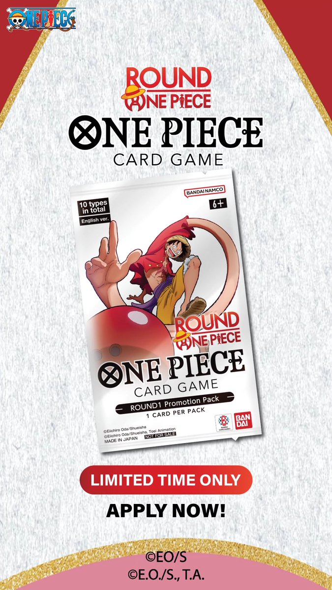 ONE PIECE CARD GAME -ROUND1 Promotion Pack- Register to purchase limited-edition cards and celebrate the ROUND ONE PIECE collaboration! Entry Open: July 1, 2026 at 10:00 AM PDT Pickup Period: July 18, 2026 at 10:00 AM – July 25, 2026 at 2:00 AM PDT