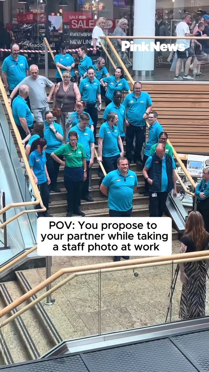 Martin and Steve met online 13 years ago before following each other to work at Meadowhall in Sheffield. The couple both work as cleaners in the shopping centre, and Martin recently popped the question while taking a staff photo. Congratulations, Martin and Steve! 💖