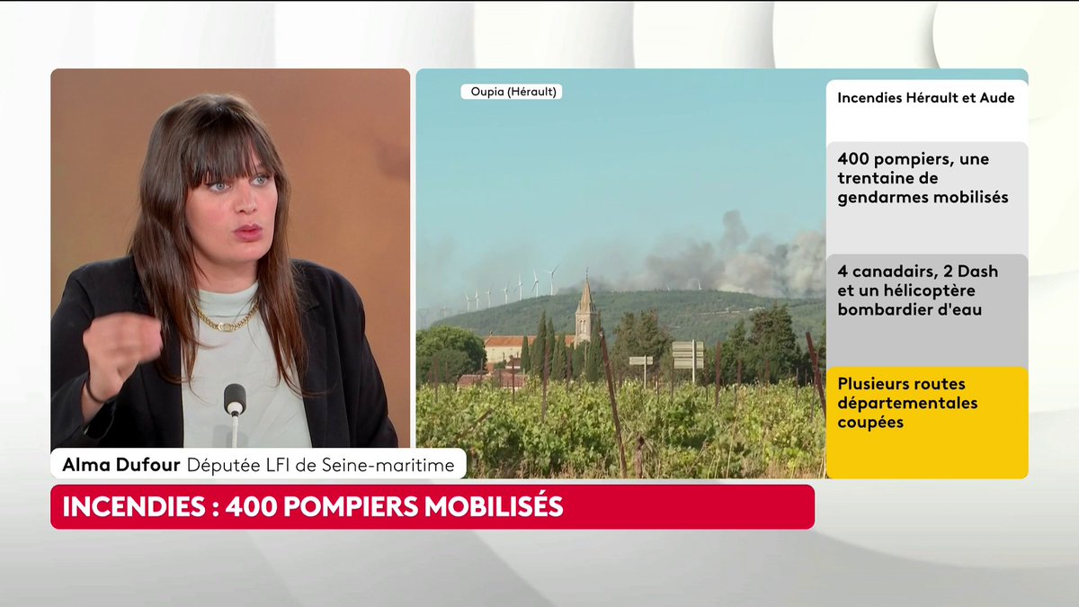 🔴 🗣️ Incendie dans l'Aude et l'Hérault : 700 hectares partis en fumée "Je rappelle que l'on se dirige vers un monde quasiment invivable en 2100, tout le monde l'a oublié, ça ce n'est que le début", prévient la députée LFI Alma Dufour. Loïc de La Mornais #SurLeTerrain #Canal16