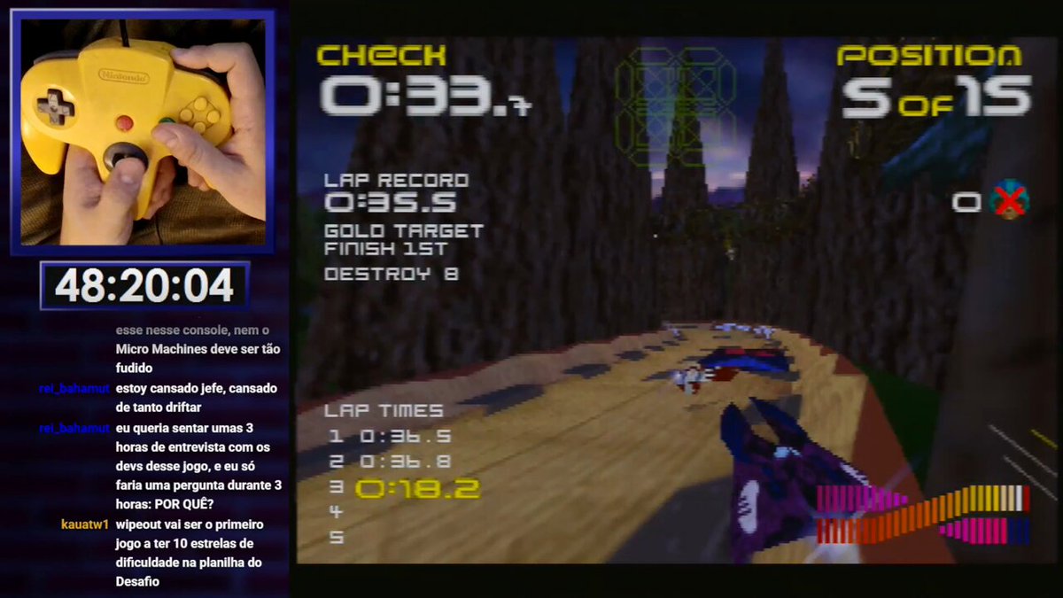 To preso por 30 HORAS numa corrida do Wipeout64 É o Challenge Super Combo 5, precisa ficar em primeiro com a pior nave, matando 8 inimigos com o pior item (tipo a banana do MarioKart) Cada lap precisa ser em 36 segundos pra dar tempo de ganhar. Alguém manja desse jogo do n64?