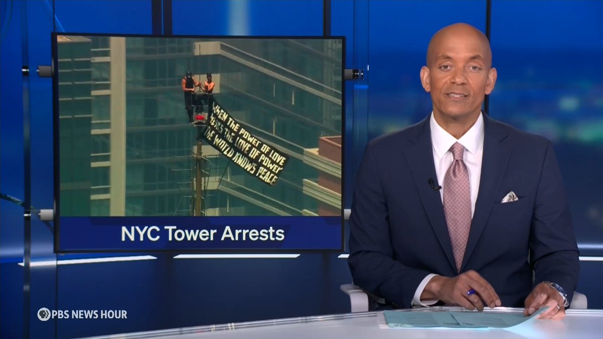 In New York, a pair of masked climbers are in police custody after scaling the top of the Empire State Building's antenna. While there, they unfurled a banner that read, "When the power of love beats the love of power, the world knows peace." The duo then descended to a platform, where one of the climbers got down on one knee and appeared to propose. They were later arrested. It's not clear how they gained access to that part of the famous skyscraper. A spokesperson for the building simply called their efforts "unauthorized."