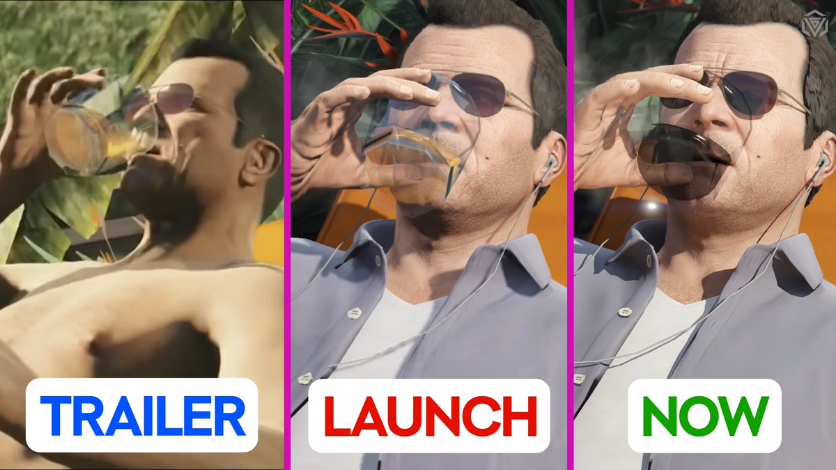 "Gráficos" Porque Rockstar mejoró los gráficos del GTA V con el pasar del tiempo, demostrando amplias mejoras entre el tráiler, el lanzamiento y la actualidad.