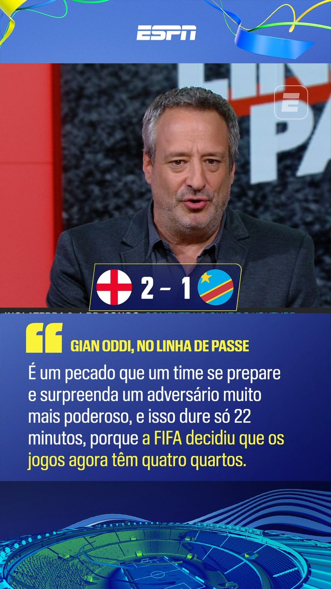 No Linha de Passe, Gian Oddi criticou a nova regra da Fifa de parada para hidratação, que acontece uma vez em cada tempo de 45 minutos. O jornalista comentou que chega a ser “um pecado” que seleções como a RD Congo consigam surpreender um adversário muito mais poderoso, como a Inglaterra, e que isso tenha que durar apenas 22 minutos, já que, com a parada para hidratação, o jogo de futebol, na verdade, passa a ter quatro tempos e, durante a pausa, as estretégias dos times podem mudar. Assista à Copa do Mundo FIFA pela CazéTV, no #DisneyPlus, sem custo adicional. #ESPN2026 #FIFAWorldCup