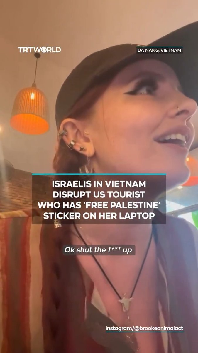 Brooke, a US tourist in Vietnam, says she was disrupted by a group of Israelis after they spotted a “Free Palestine” sticker on her laptop. One of the Israelis asked Brooke to “s*** up” and said that “she didn’t know anything about Palestine,” even though Brooke says she has been to Egypt to help Palestinian students who have been displaced by Israel’s genocide