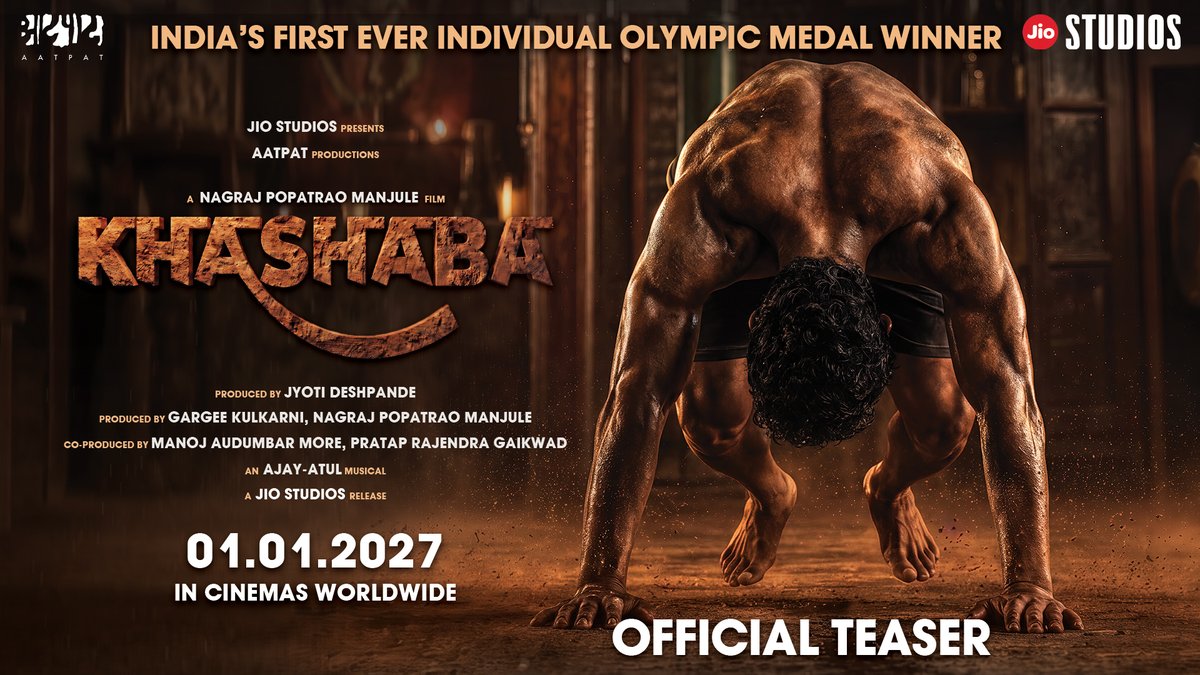 Witness the extraordinary story of India's first individual Olympic medal winner. #Khashaba In Cinemas Worldwide on 01.01.2027. Teaser Out Now भारताला ऑलिम्पिकमध्ये पहिले वैयक्तिक पदक मिळवून देणाऱ्या महान खेळाडूची प्रेरणादायी आणि असामान्य कहाणी... #खाशाबा जगभरातील चित्रपटगृहांमध्ये ०१.०१.२०२७. #JyotiDeshpande Nagraj Popatrao Manjule #GargeeKulkarni Ajay Atul Official #PratapGaikwad #ManojMore Jio Studios #AatPatProductions