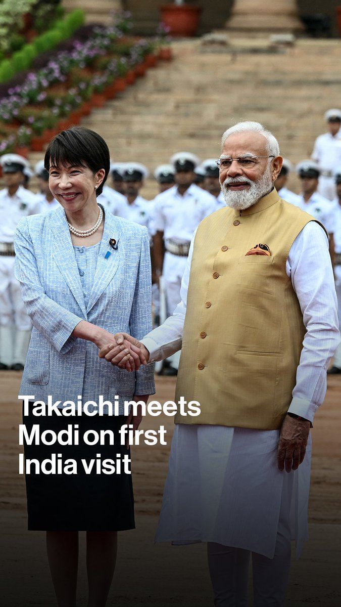 Japanese Prime Minister Sanae Takaichi met Indian Prime Minister Narendra Modi in New Delhi during her first official visit to the country, as the two leaders aim to deepen strategic and economic ties:
