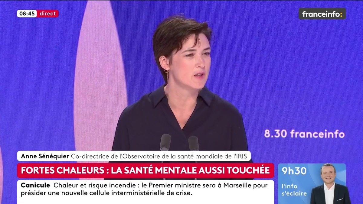 🔴 Canicule : la santé mentale aussi touchée ➡️ "La chaleur génère aussi de l’anxiété et cela va aggraver potentiellement la dépression. L’anxiété est un peu le moteur des problématiques de santé mentale", souligne Anne Sénéquier, chercheuse et psychiatre