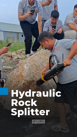 A hydraulic rock splitter inserts into a pre-drilled hole and expands with enough force to fracture large rocks from the inside — used in tunneling, demolition, and underground mining where blasting isn't an option. [📹 yugongfupilieji]