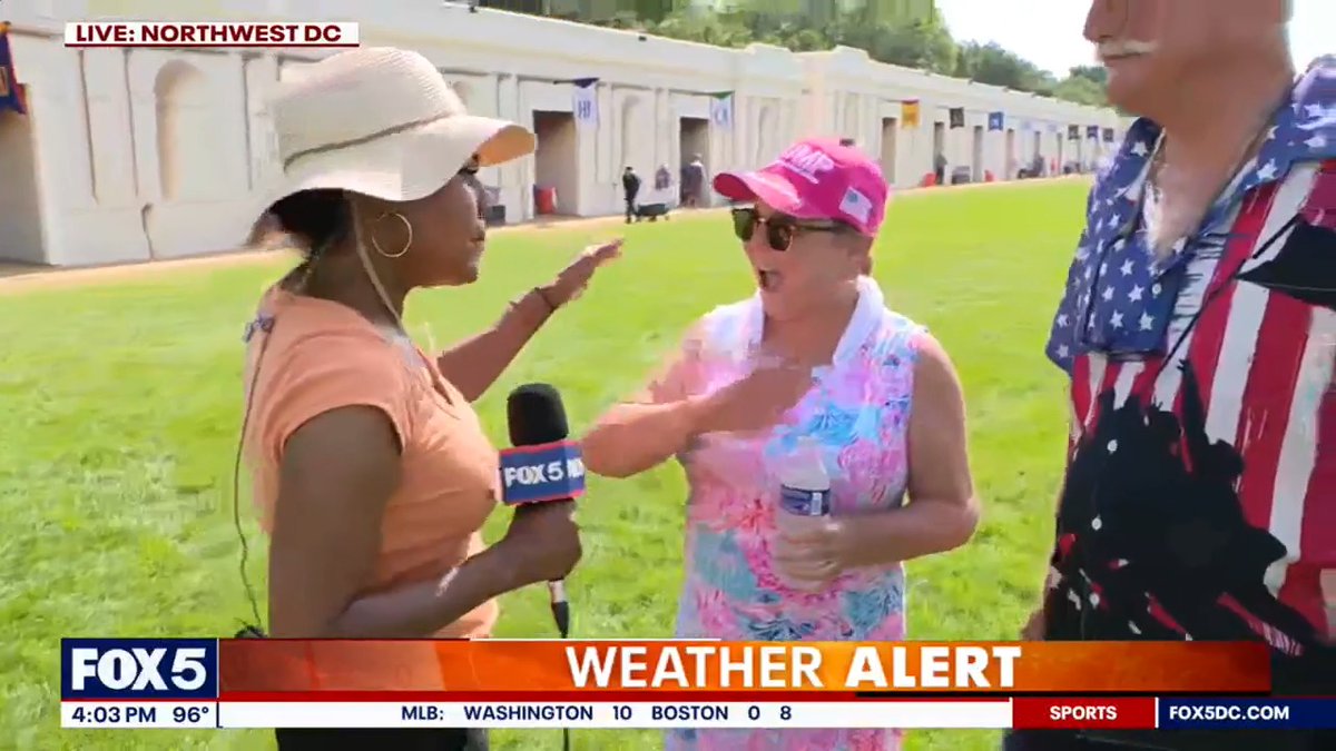 A woman attending Trump's Great American State Fair had to cool off in the baptism pool due to extreme heat: None of these booths have air conditioning. I started seeing stars. We went to the religious tent, and they had a pool. They're baptizing people. Thank God they had the pool. They said, 'Do you want to get in?' I go, 'Yes, I think I do.'