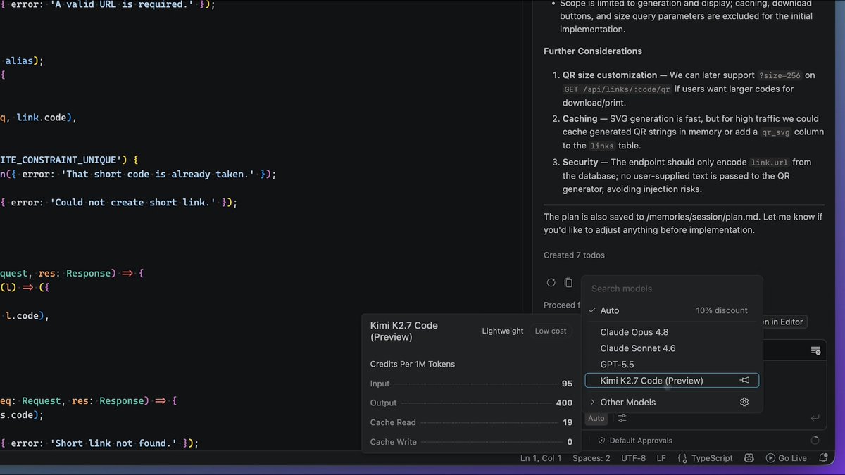 🆕 Kimi.ai's Kimi K2.7 Code is now generally available in GitHub Copilot. This is the first open-weight model offered as a selectable option in the Copilot model picker. 🎉 Early testing shows Kimi K2.7 is a lower-cost option with strong performance comparable to highly popular frontier models. Try it out now in Visual Studio Code and look out for it in more GitHub Copilot surfaces. 👇