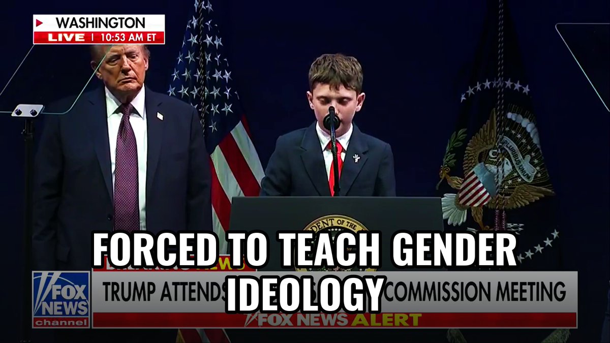 "My school forced me to teach my kindergarten buddy about changing his gender using a book called My Shadow is Pink." A 12 year old, standing next to President Trump at the White House Religious Liberty Commission. Forced into it in fifth grade. Bullied for his faith after his family objected.