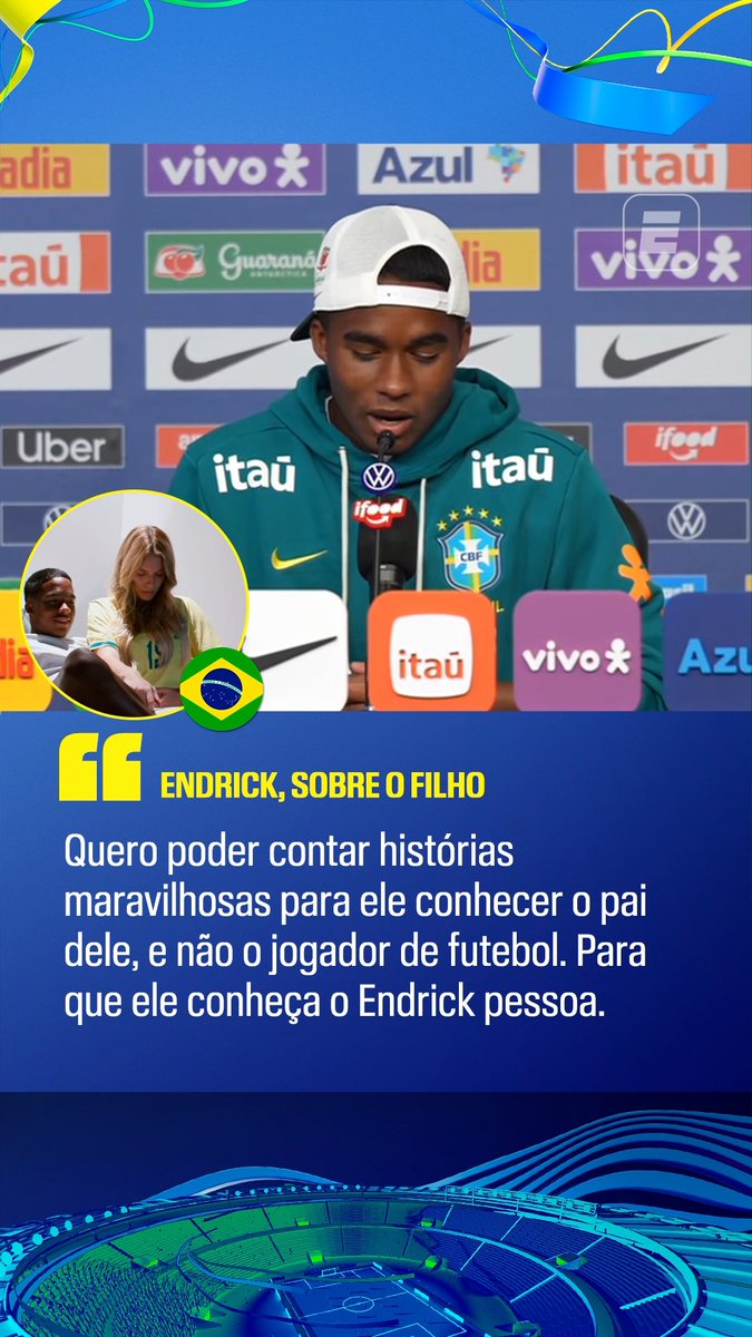 👏❤️ Endrick, sobre o filho que está para nascer: “É uma honra. Fico muito agradecido por Deus ter me enviado uma família maravilhosa, que é minha esposa e agora meu filho. Estou contando as horas para ele chegar e eu dar um abraço nele e contar histórias para que ele conheça o pai dele. Mas não histórias do futebol. Quero que ele conheça o Endrick pessoa e não o Endrick jogador. E, quando ele for crescendo, que ele veja as coisas que o pai dele fazia. Espero que ele fique feliz com isso.” 🎥 ESPN Brasil | SportsCenter Brasil