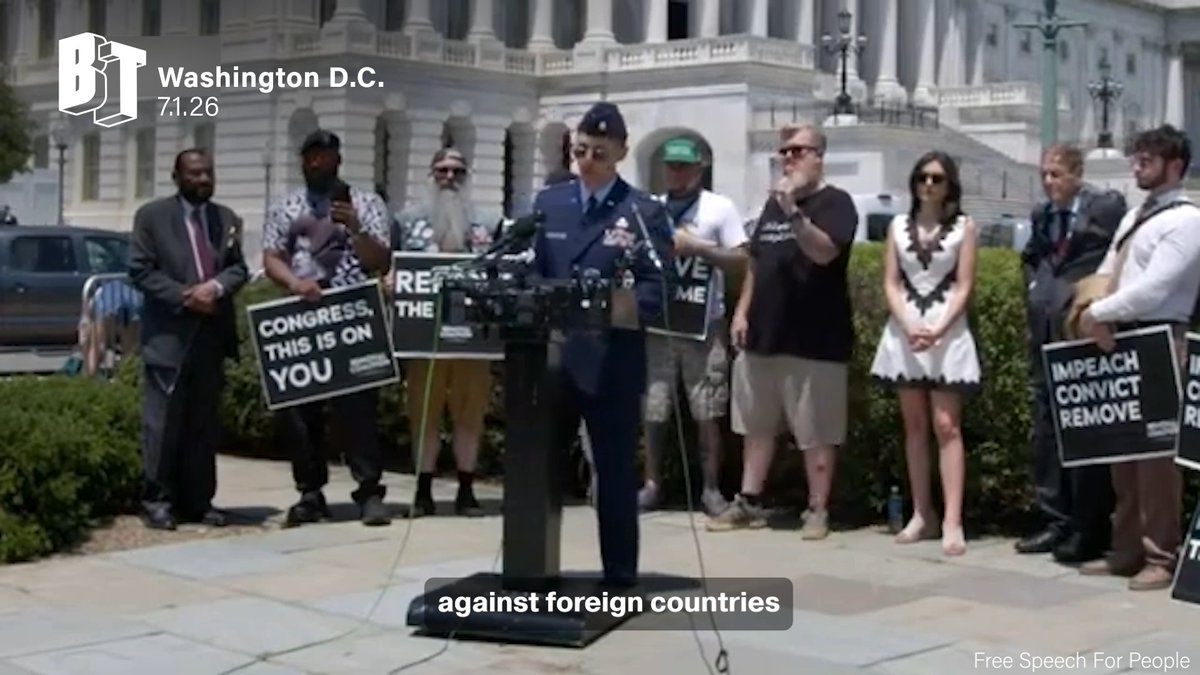 Air Force Major Jason Watson calls for the immediate removal of President Donald Trump and VP JD Vance from office at a press conference in front of Congress Wednesday afternoon. He cites the numerous Constitutional violations undertaken by the Trump administration, from his attacks on Iran, Cuba, and Venezuela to his weaponization of the Department of Homeland Security against US citizens. Watson is the first active duty service member to demand the impeachment of the president and vice president.