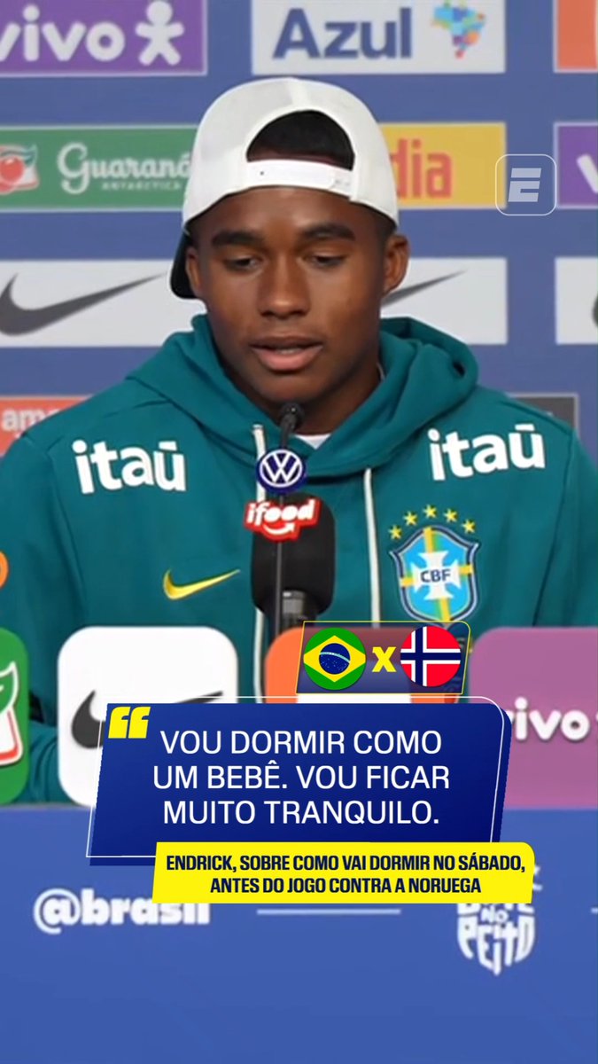Endrick, ao ser questionado como vai dormir na véspera de Brasil x Noruega: “Vou dormir como um bebê. Vou ficar muito tranquilo. Antes de dormir, o que eu faço de mais importante é a minha oração, conversar com Deus.” 🎥 ESPN Brasil | SportsCenter Brasil