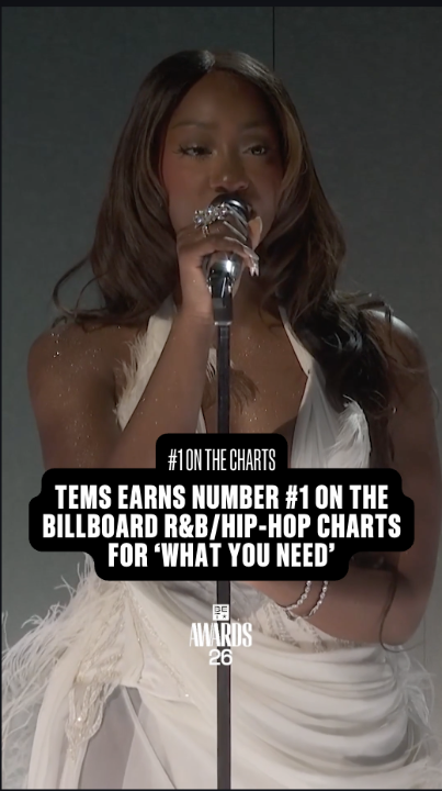 Congrats are in order for Tems 👏🏽 "What You Need" just hit her fourth No. 1 on Billboard's Mainstream R&amp;B/Hip-Hop Airplay chart — timeless voice, timeless run. 🔥 Congratulations, Tems! #BETAwards