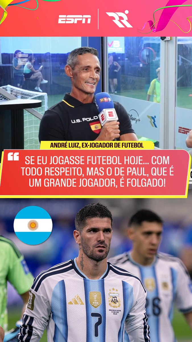 Durante o Resenha da Copa, André Luiz falou que, se jogasse futebol atualmente, iria para o "tudo ou nada" contra Rodrigo De Paul, jogador da Argentina. Assista ao Resenha da Copa pela ESPN no Plano Premium do #DisneyPlus #ESPN2026 #FIFAWorldCup #RedeRonaldo