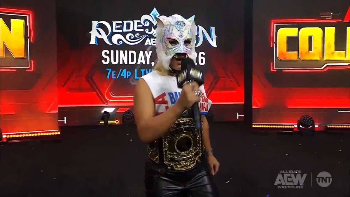 Still wearing スターダム💙スターライト・キッド🐯🤍's mask as a prize from #ForbiddenDoor, @Toxic_Thekla sends a message to all of her possible opponents coming after her AEW Women's World Championship! Watch #AEWCollision on TNT & HBO Max