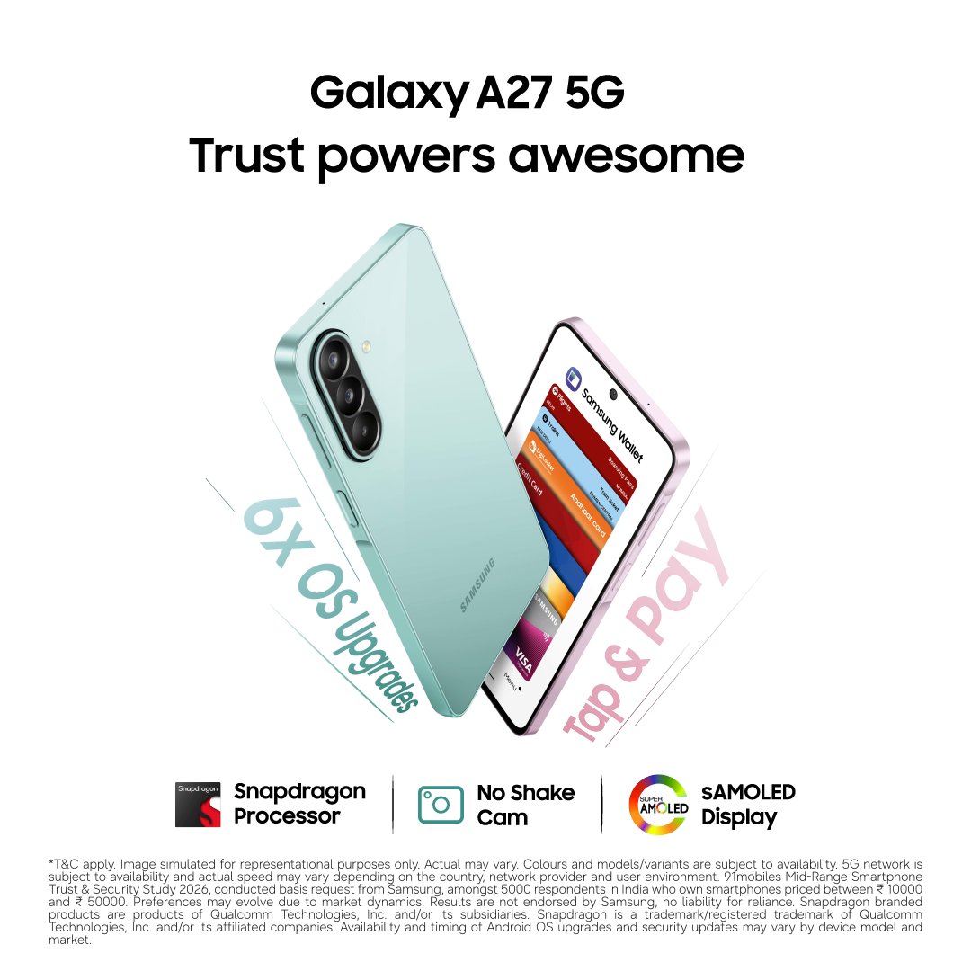 Loaded with features ✅ Powered by trust ✅ Meet #GalaxyA27 5G 🤩 you can trust the new awesome to stay updated through the years, to make payments with just a tap, and so much more. Know more: #TrustedbyIndia #Samsung