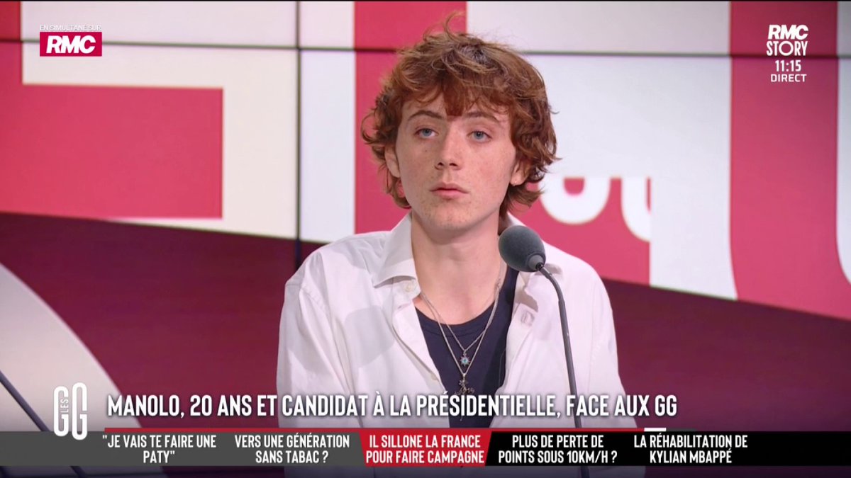 🚨 Manolo Mlekuz, étudiant de 20 ans et candidat à l'élection présidentielle. 🗣️ "Le problème du débat sur l'âge de la retraite, c'est qu'on aura le même dans 10 ans, 20 ans... L'âge qu'on va définir aujourd'hui ne sera pas le même pour moi." #GGRMC