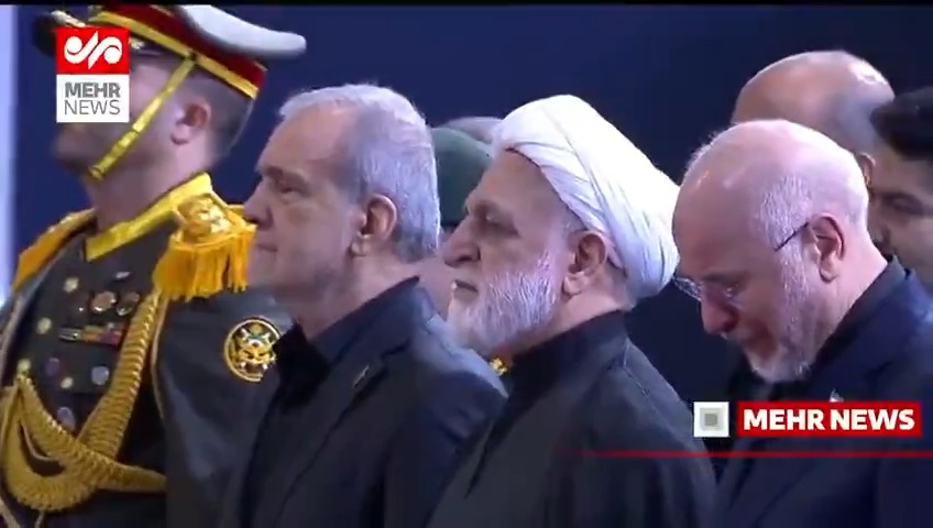 Heads of Iran Pay Respect at the funeral of Ayatollah Ali Khamenei We can see the heads of the government: The President, Dr. Pezeshkian The Speaker of the Parliament, Dr. Ghalibaf Head of the Judiciary, Gholam-Hossein Mohseni-Eje'i Foreign Minister Dr. Araghchi