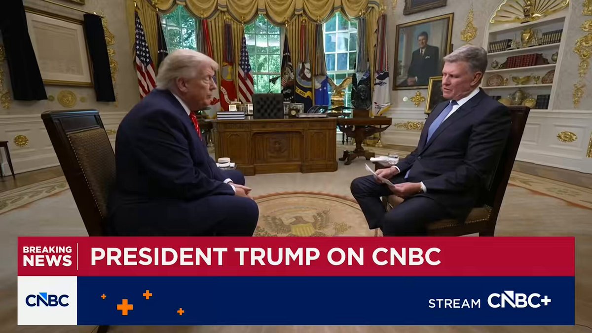 CNBC’s Joe Kernen: “I’m trying to do as much as we can.” President Trump: “You can go ahead.” Joe Kernen: “I hope that’s okay.” President Trump: *Turns to Aide* “If he needs a little more time, just relax. I’m not Kamala. They give her – they give them four minutes, and then start screaming at them.” “Don’t be nervous, okay?” Joe Kernen: “I’m only in the Oval Office with – no I’m not.” President Trump: “He’s been my friend for a long time, and he’s a good man too.”