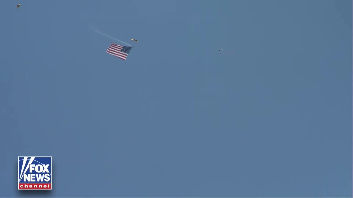 WATCH: Parachutists soar from the sky carrying the American flag at the Great American State Fair.