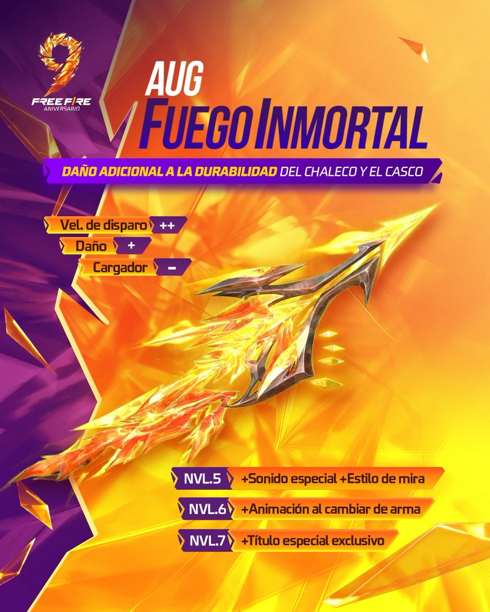 🔥 El fuego nunca se apaga… evoluciona. Haz que cada disparo deje huella con la AUG Fuego Inmortal, una EVO diseñada para dominar el campo. ⚔️ #9AniversarioFF