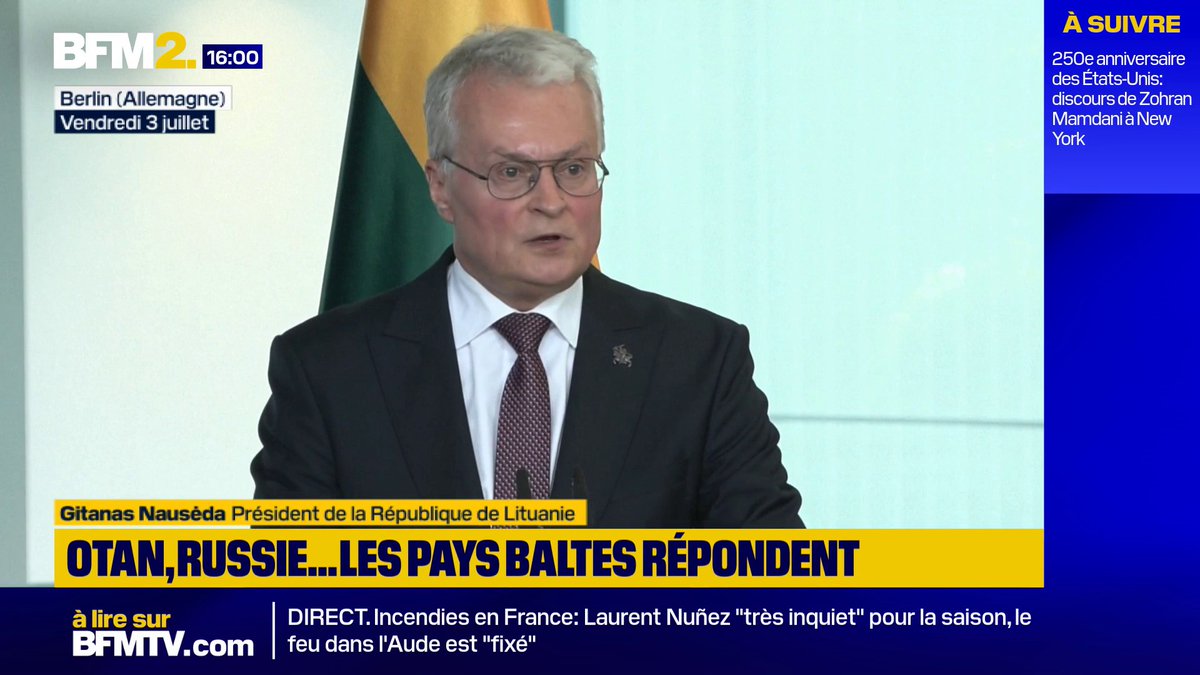 💬"J'ai initié un amendement constitutionnel pour supprimer la restriction existante sur le déploiement possible d'armes nucléaires en Lituanie" ➡️La Lituanie veut faire partie "de la dissuasion nucléaire" contre la Russie, déclare son président Gitanas Nauseda #BFM2