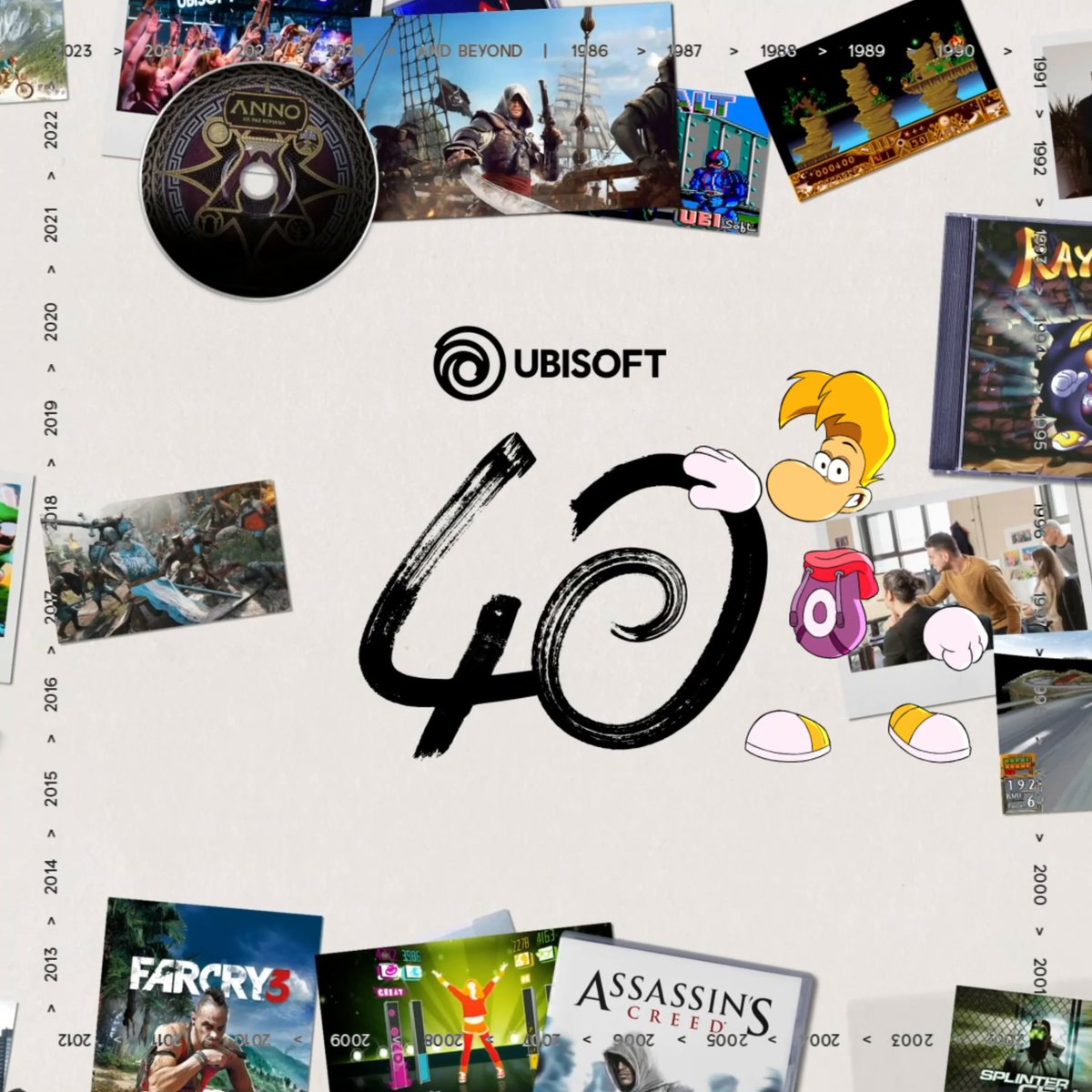 In 1986, a journey began 🚀 This year, we're celebrating 40 years of creating games, and what a journey it's been. From Rayman, Ubisoft's first major success and a timeless fan favorite, to the birth of iconic franchises like Assassin's Creed, Far Cry, Rainbow 6, Just Dance and many more, these 40 years have been filled with unforgettable worlds and stories. To everyone who has been part of this adventure, players, creators, and team members: THANK YOU! Here's to the next 40. If you're in for a little game, here's YOUR challenge: Spot the 40 references from our games we've hidden along the way 👀 and send us your answer in the comments. Look closely and listen carefully 🔎, every scene counts. 🏆 Get them all right for a chance to win — 10 players will be randomly selected for a yearly Ubisoft+ Premium pass! Ready to play? 🎮🔥 Terms and conditions👉