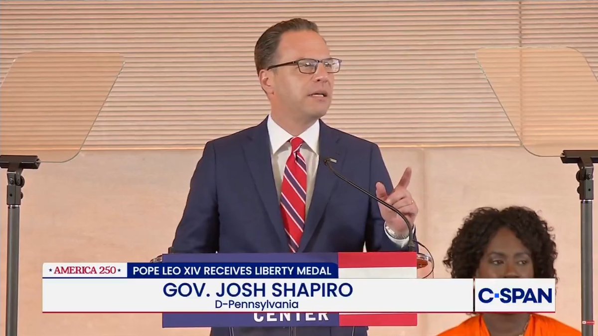 .Governor Josh Shapiro (D-PA) at the Liberty Medal ceremony honoring Pope Leo XIV: "My own faith calls me to service; my faith teaches me that no one is required to complete the task, but neither are we free to refrain from it... to me that is universal."
