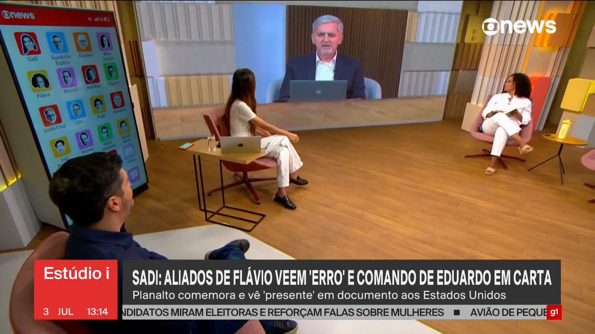 Sadi: aliados de Flávio Bolsonaro veem erro em carta aos EUA que pede adiamento do tarifaço para depois da eleição no Brasil. ➡Assista à #GloboNews: #Estudioi