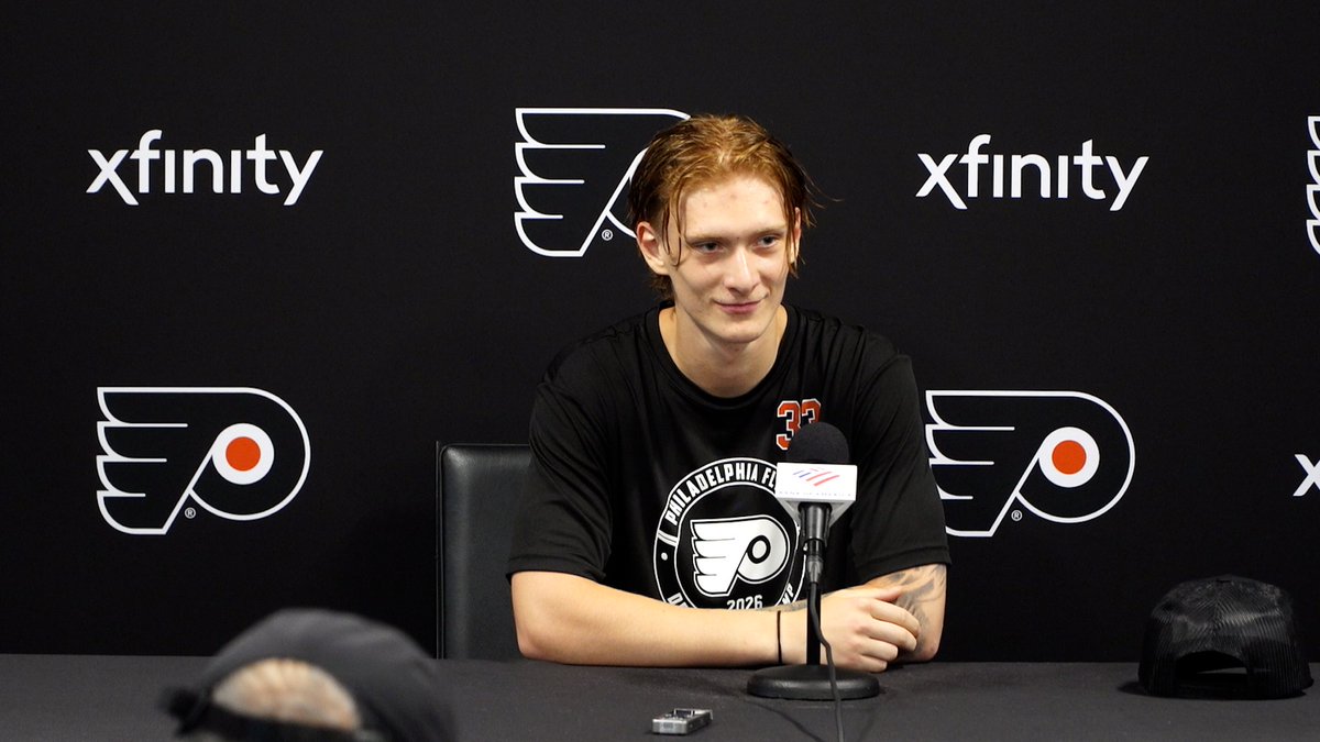 Assistant GM Brent Flahr, defenseman Oliver Bonk, forward Noah Powell and goaltender Marek Sklenicka met with the media from the final day of Development Camp. #LetsGoFlyers