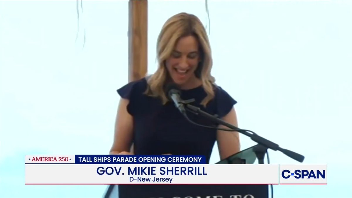 New Jersey Gov. Mikie Sherrill (Governor Mikie Sherrill) at the opening ceremony for a tall ships parade: "We're one of the most diverse and innovative states in the country with people from every single corner of the planet."