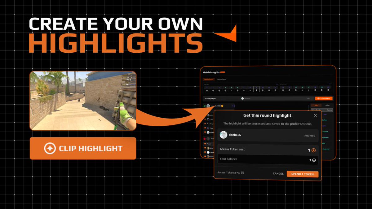 Create highlight clips from rounds on FACEIT without downloading a demo. Open the match page, head to Match Insights, pick your round, and generate it for 1 token.