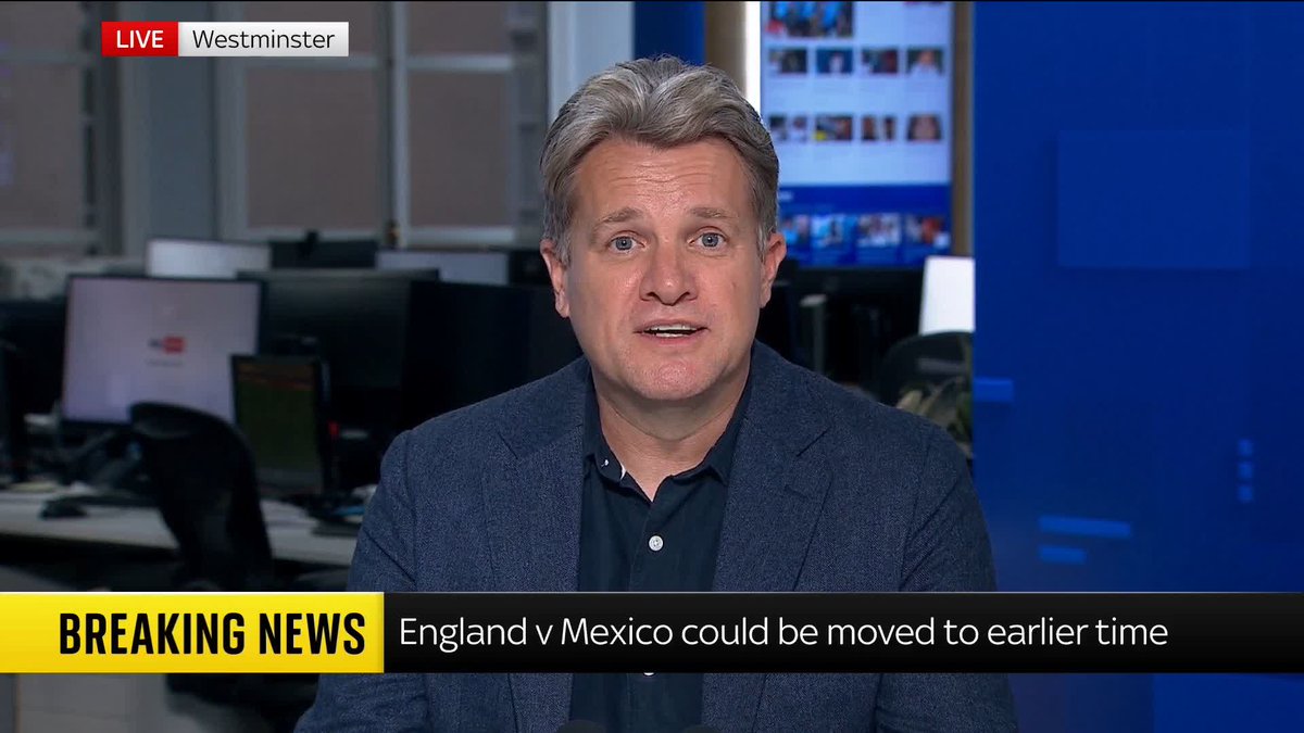 BREAKING: FIFA is in ongoing talks over an earlier kick-off time for England's World Cup match against Mexico due to the risk of weather disruption including storms, Sky News understands. Local media has suggested a new kick-off time of midday which will be 7pm in the UK. Read more: