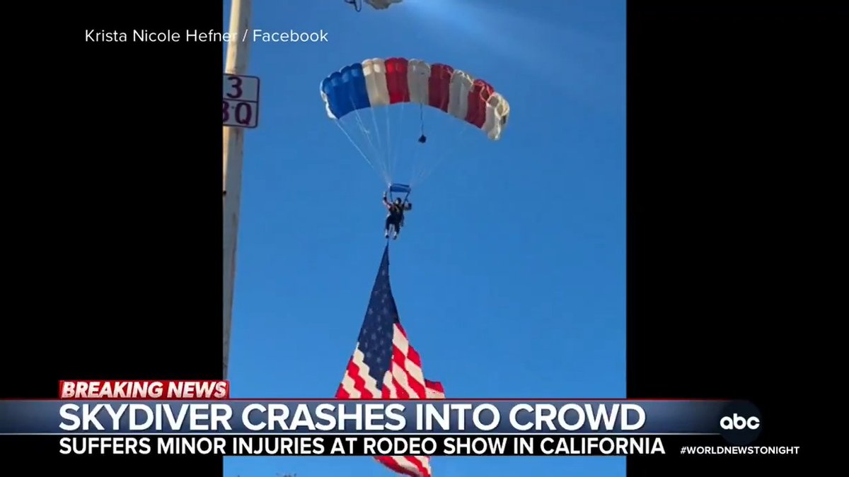 Dramatic images show a skydiver crashing into a crowd during opening night at a rodeo in Northern California. The American flag he was flying with appears to get caught in a tree, sending him onto a tent. Alex Stone has details.