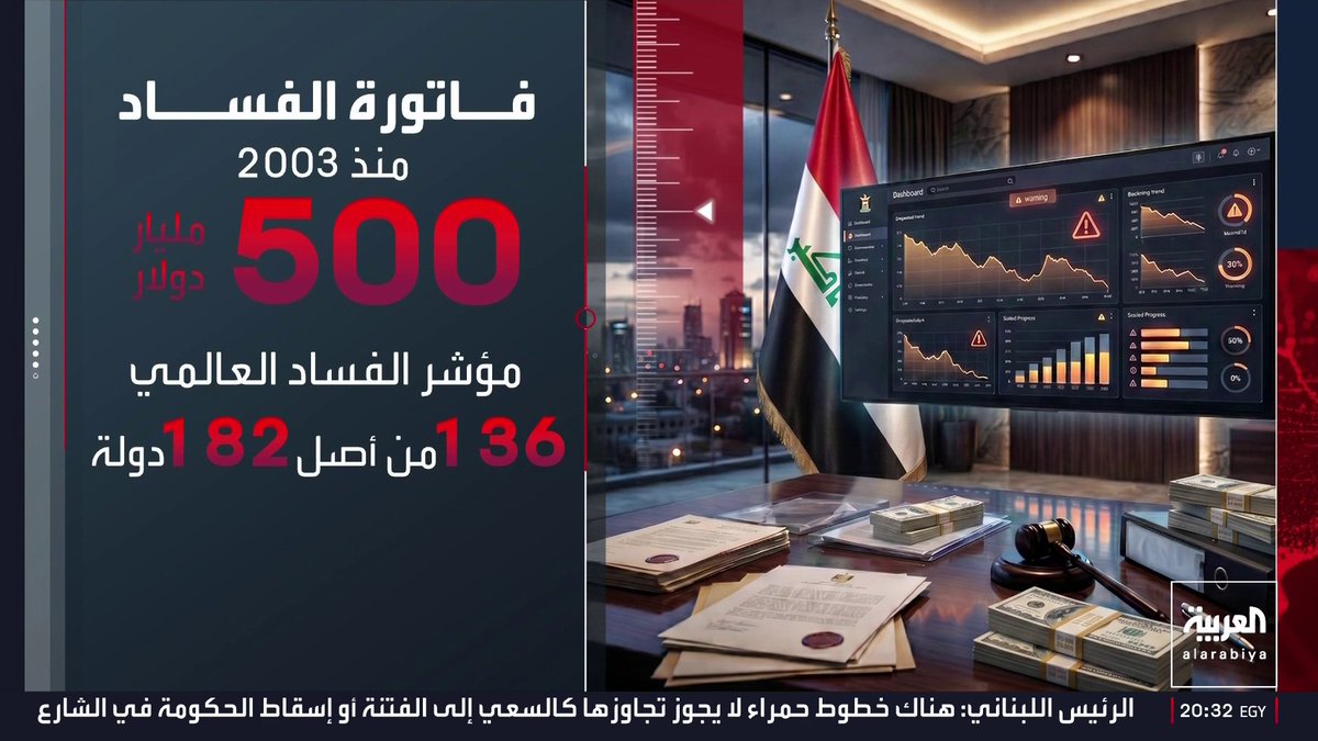 الصحفي في العربية حسن الطرزي يستعرض أبرز قضايا الفساد المالي في العراق: تسببت في هدر مليارات الدولارات من خزينة الدولة.. والصحفية في العربية هدير الربيعي: القضاء العراقي يتفاوض حاليا مع شخصيات سياسية من الصف الأول.. أحدهم استولى على تريليوني دينار في حين استولى آخر على 1.6 تريليون دينار.. والصحفي في العربية أحمد القرشي: حملة الزيدي لمكافحة الفساد خطوة على الطريق الصحيح