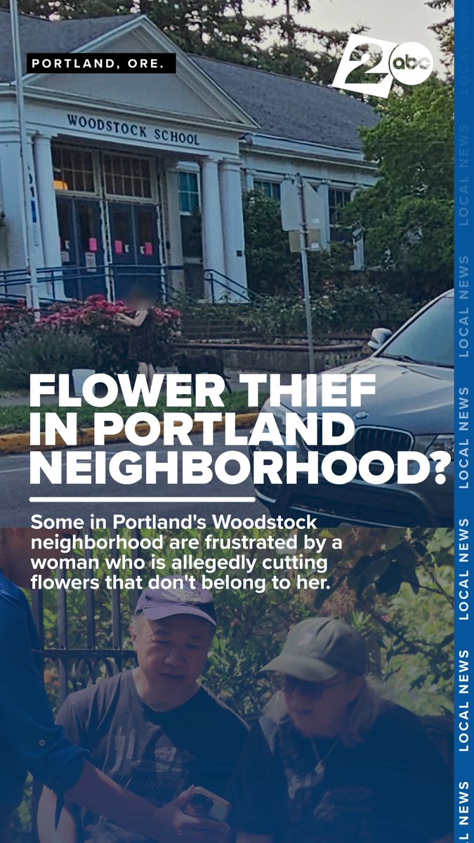 An image appears to show a woman cutting flowers in front of Woodstock Elementary School. Several SE Portland residents say their gardens have also been repeatedly targeted over the past several months.