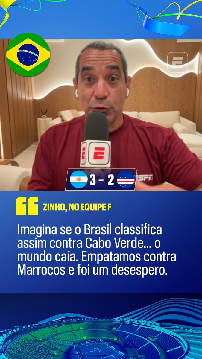 “Eu falei: a Argentina jogou contra ninguém, quero ver contra um time organizado. E a gente viu hoje. Foi no sufoco. E se encostar no Messi, é falta.” “Imagina se o Brasil classifica assim contra Cabo Verde…” 🎙️ Zinho. 🎥 ESPN Brasil | SportsCenter Brasil