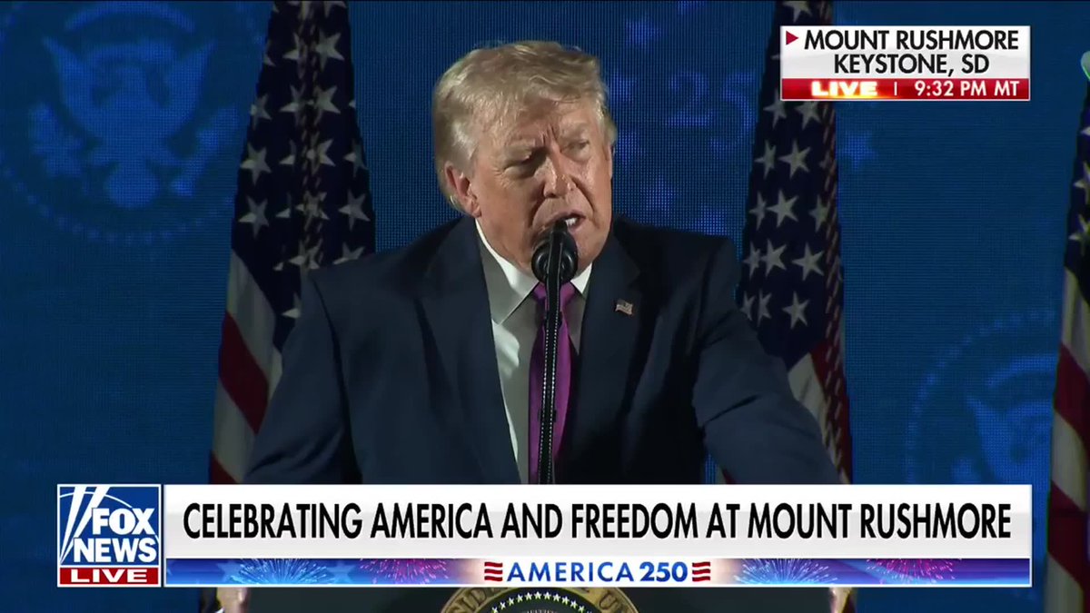 PRESIDENT TRUMP closes out his Mount Rushmore speech: "Tomorrow, we reach a milestone like no other, and celebrate with joyful hearts and soaring spirits — because after two and a half centuries, we know that this is not an ending, this is only the beginning of the golden age of America. And together we will make America bigger, better and stronger than ever before — I promise you that." America250 Freedom 250