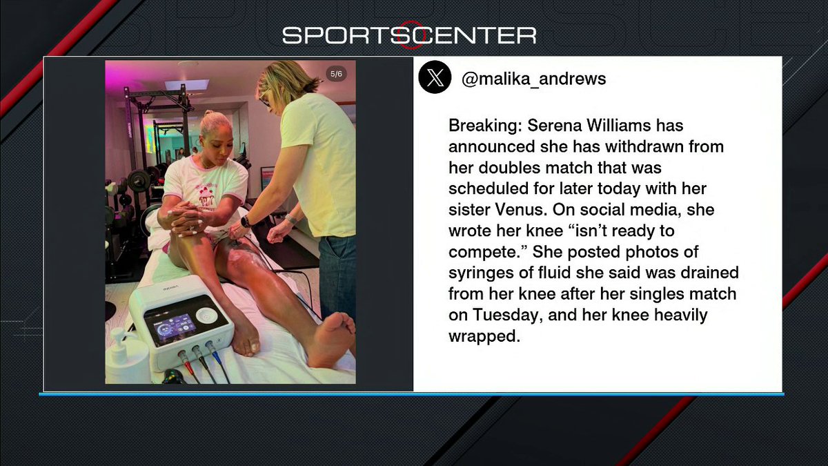 Serena Williams announced that she has withdrawn from her doubles match with her sister Venus due to a knee injury.