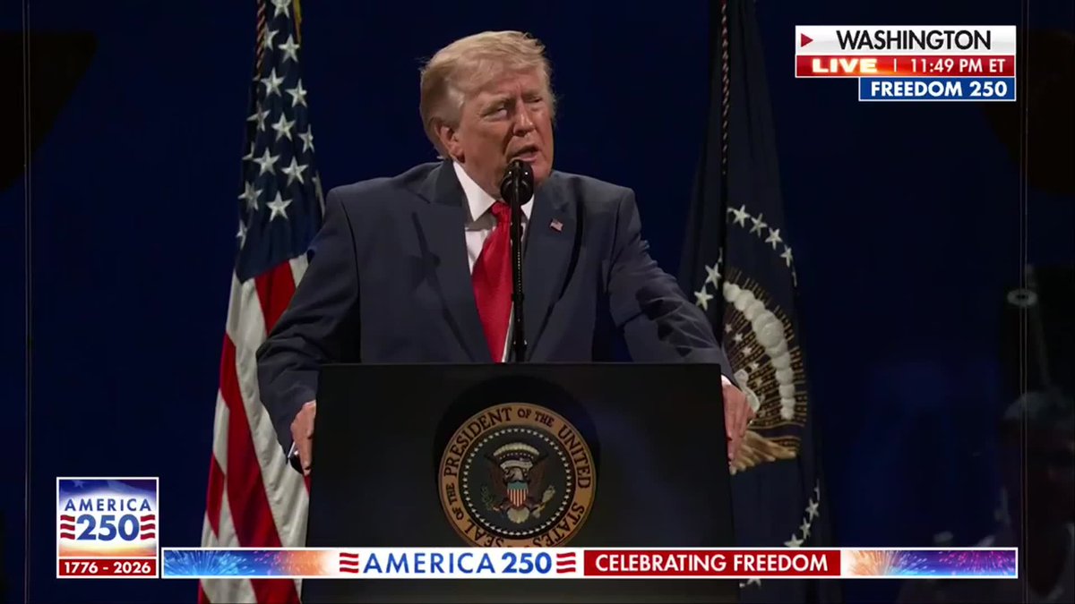 JUST IN: President Trump delivers a stirring patriotic message, declaring that "there is no challenge Americans cannot overcome," emphasizing that American potential remains completely limitless across every frontier. "To the gleaming waters of the Gulf of America, there is no challenge Americans can not overcome." "There is no place we cannot go. There is no goal we cannot reach. And there is nothing that Americans cannot do. And we're proving that right now." | Freedom 250 #freedom250