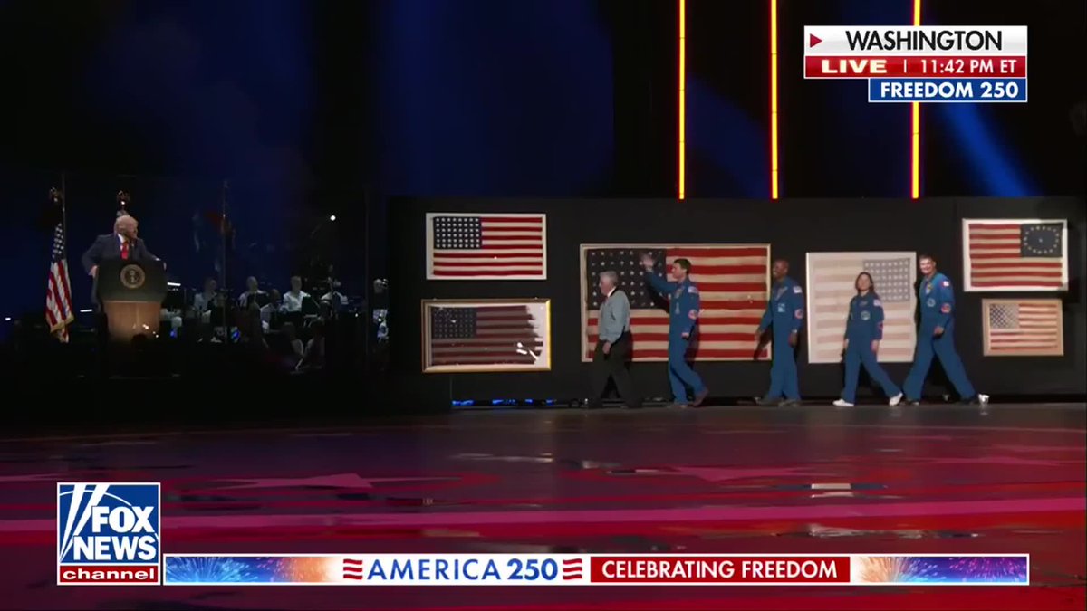 President Trump welcomes the Artemis II astronauts to the Freedom 250 celebration: “Everybody was watching... They became very famous.” Trump also recognized Apollo 17 astronaut Harrison "Jack" Schmitt, the last living person to walk on the moon, joking, “You look like you could be with them, Jack.”