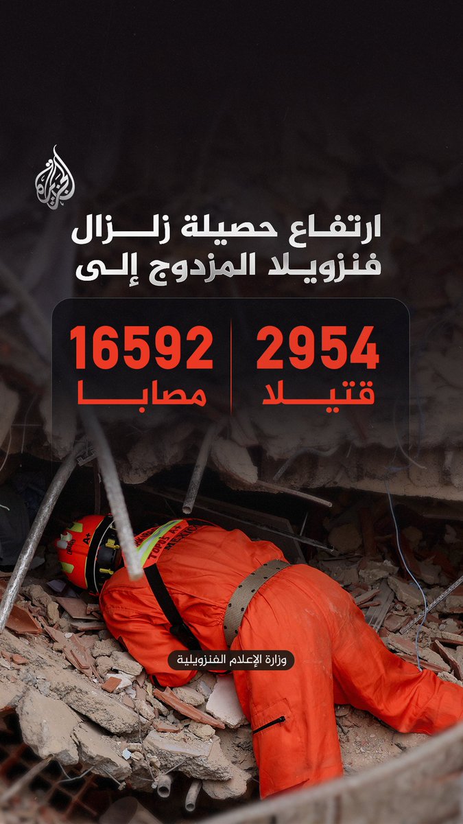 استمرار ارتفاع حصيلة ضحايا زلزال فنزويلا المزدوج، إذ بلغ عدد القتلى 2954 وعدد المصابين 16592 #إنفوغراف